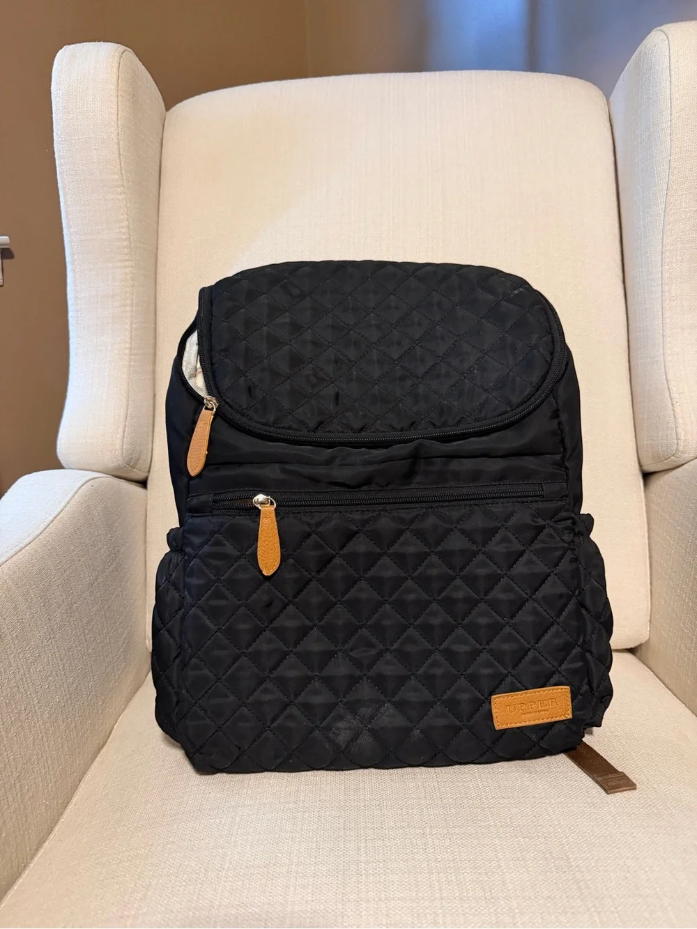 Quilted Black Women's Backpack with Tan Trim Accents